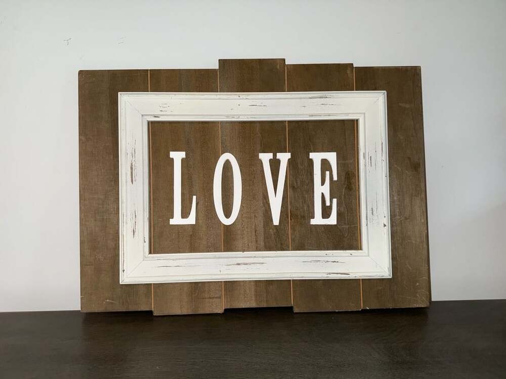 Rustic Farmhouse Style Wooden LOVE Wall Art Sign with Distressed White Frame